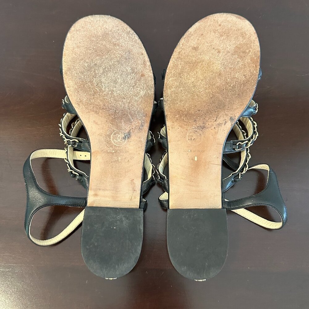 Chanel Black Leather CC Logo Chain Strap Women's Sandals Sz 40 Made in Italy - Picture 16 of 16